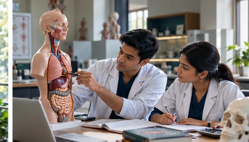 Illustrative medical students studying anatomy